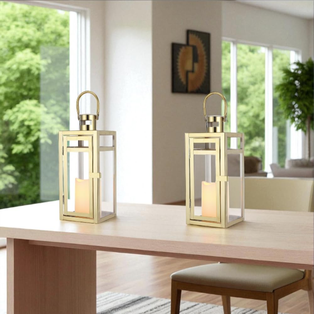 TRIROCKS Lot de 2 lanternes décoratives en acier inoxydable de 30,5 cm de haut en métal avec panneaux trempés pour décoration d'intérieur, salon, fêtes, événements, table, intérieur et extérieur (doré