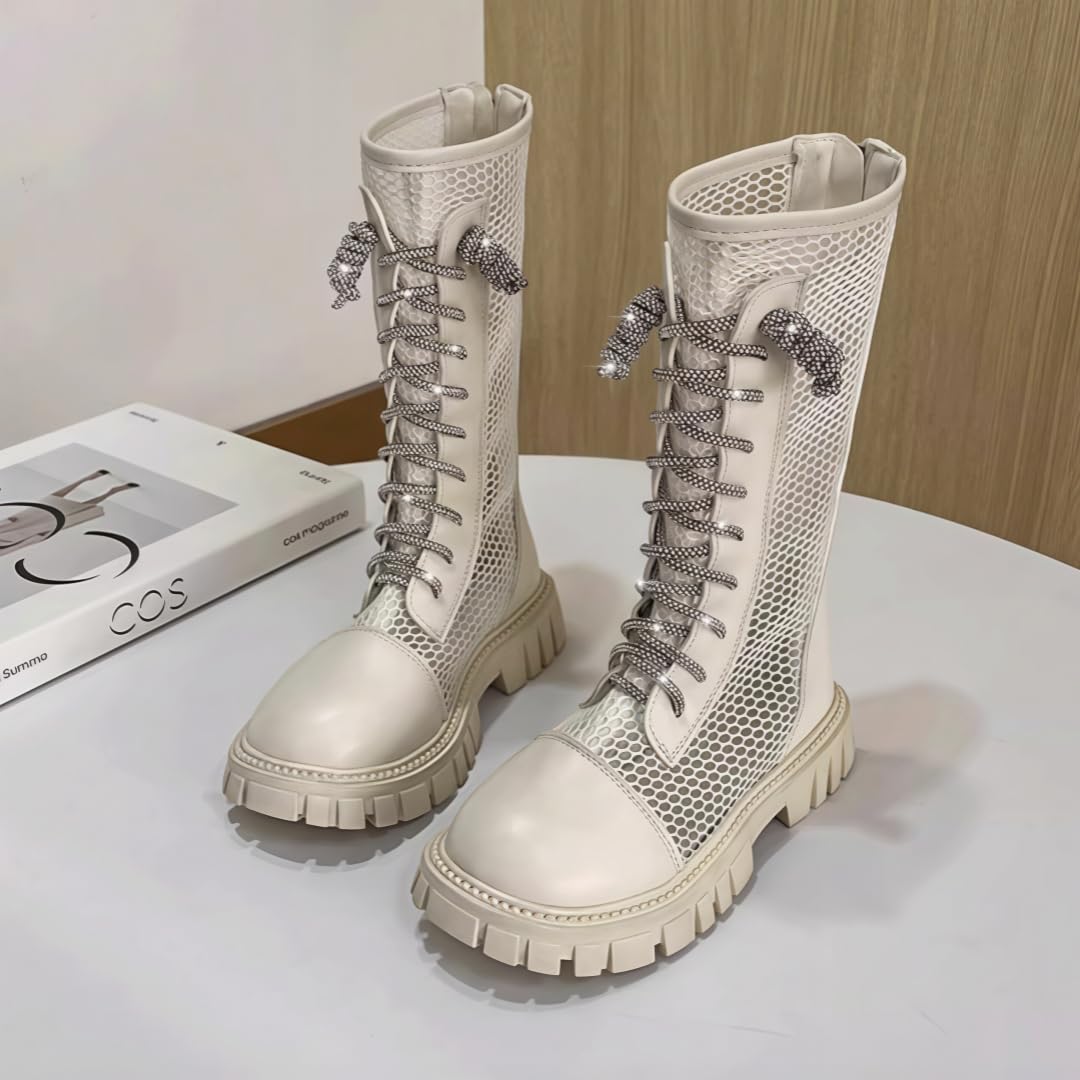 Botas de combate hasta la rodilla para niñas, de malla transpirable, huecos, sandalias romanas con cremallera