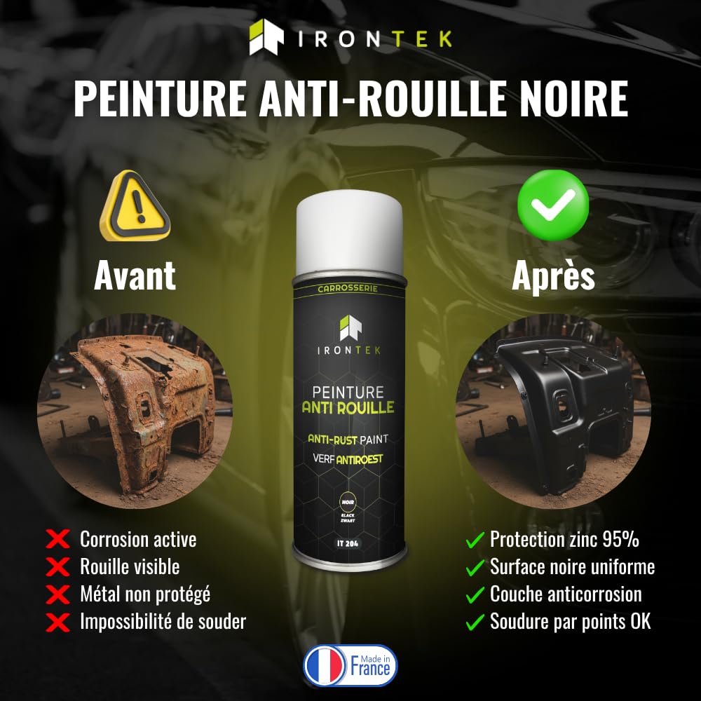 Peinture Antirouille Noir 400ml - IRONTEK | IT204 | Protection Fer Acier | Séchage Rapide 15min | Haute Adhérence | Auto Moto | Convertisseur de Rouille immédiat