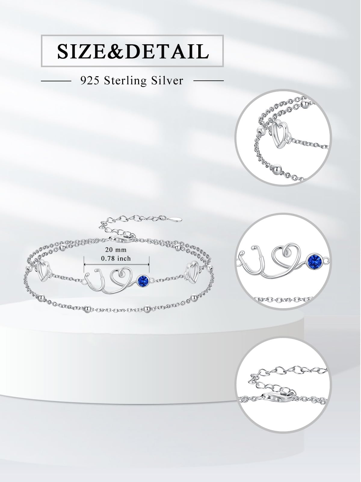 Dorunmo Braccialetto con stetoscopio in argento Sterling 925 con stetoscopio da infermiera, con pietra portafortuna, regalo per infermieri, dottori, studenti di medicina
