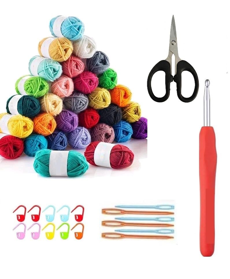 SHOP141 30 Pcs Complete Crochet Kit for Beginners Adults & Kids, All-in-One Crochet Starter Kit with Multi-Color Acrylic Yarn Balls, Ergonomic Crochet Hook, Yarn Cutter Scissors, Stitch Markers & Knitting Needles, Perfect DIY Craft Gift Pack (12 Pcs Random Color Wool Yarn 10 Stitch Markers 6 Needle 1 Crochet Hooks, 1 Scissor)-image-4