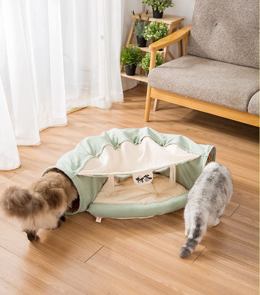 2 in 1 Katzentunnel Bettschlauch mit Kissen und Plüschball Spielzeug Spielplatz Knistern zusammenklappbar für große Katzen Kätzchen Kitty Welpe Kleine Hunde Faltbar Weiches Haustier Spielbett Indoor