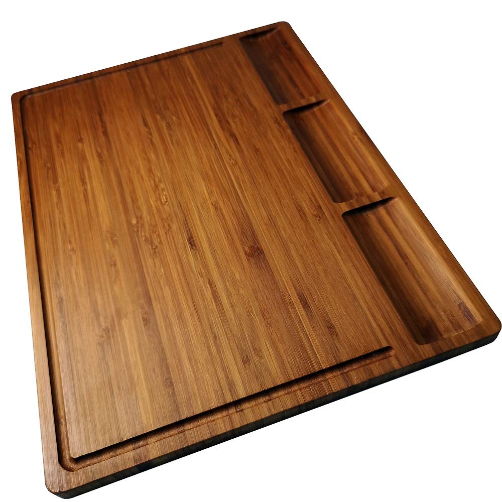 Large Bamboo Wood Cutting Board for Kitchen, Cheese Charcuterie Board Set with 3 Built-in Compartments and Juice Grooves, Butcher Block (17x12.6)