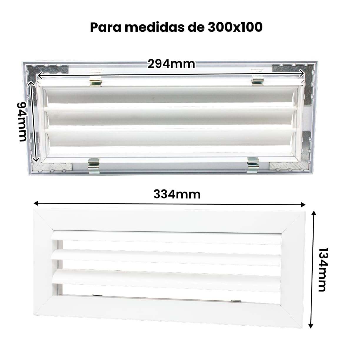 Rejilla Ventilacion Rectangular Blanca Lama Curva Horizontal para Aire Acondicionado con Marco para Conductos de Aire Acondicionado (300x100)