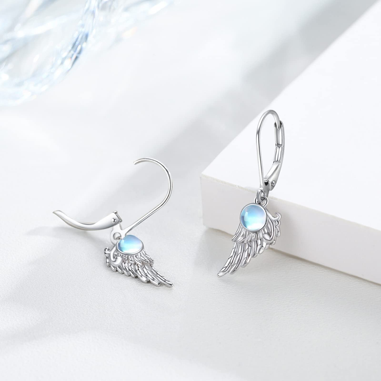 Pendientes de alas de ángel de plata de ley 925 con alas de ángel de la guarda, aretes colgantes de ángel de la guarda con piedra lunar, regalos de joyería para mujeres y niñas