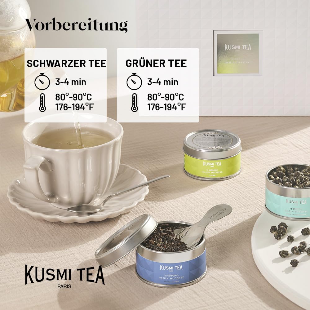 Kusmi Tea - Collection Alain Ducasse - 8 Miniaturen von Asiatischem Naturtee + Teelöffel - Sortiment von Bio-Tees - grüner und schwarzer Tee - Geschenkidee für Männer und Frauen - 8 Dosen zu 25g