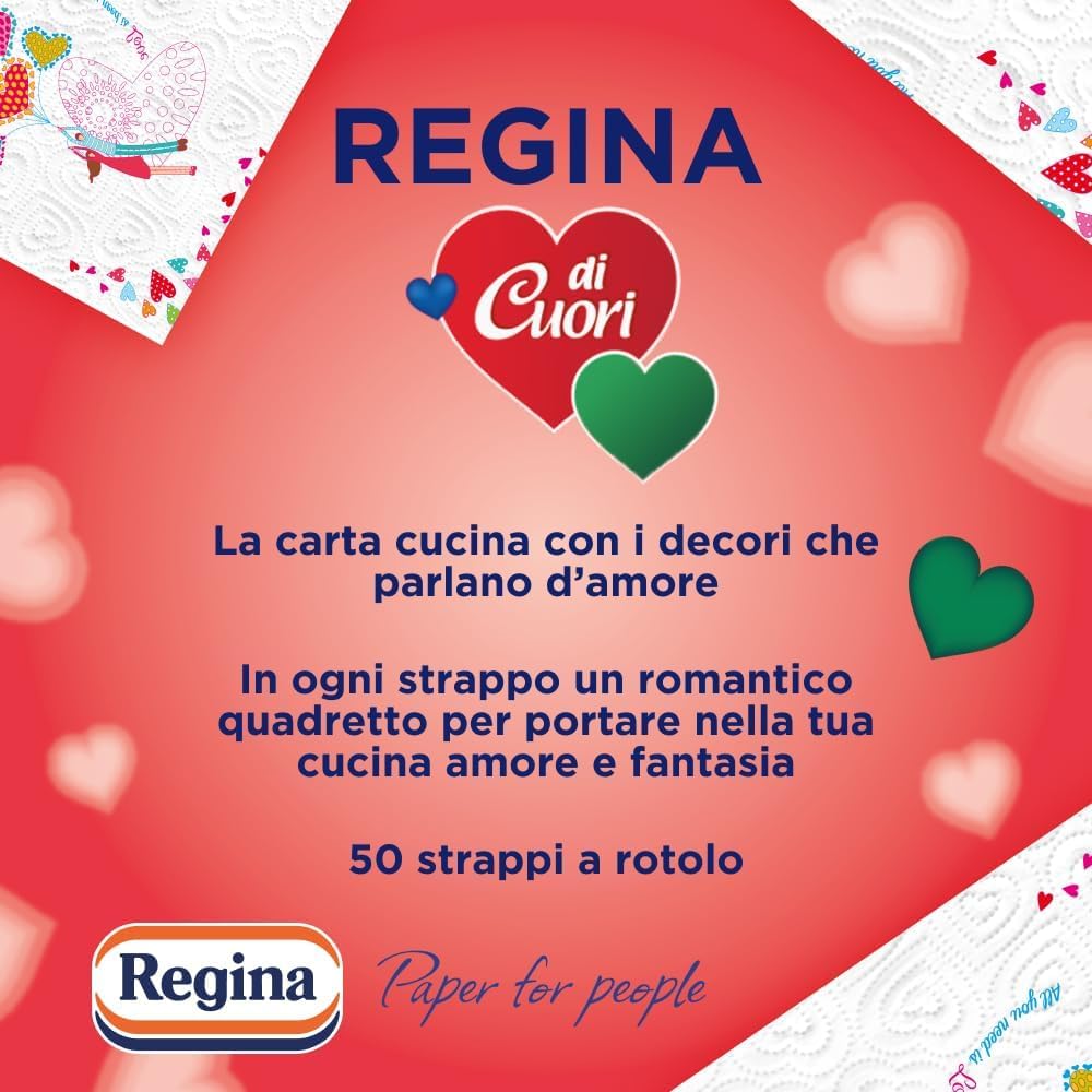 Regina 30 Rotoloni di Carta Igienica + 30 Rotoli Carta Cucina di Cuori | 500 Fogli a 2 Veli, Lunghi Più del Doppio dei Normali Rotoli e 50 Fogli a 2 Veli, Grande Assorbenza, Spessa e Resistente