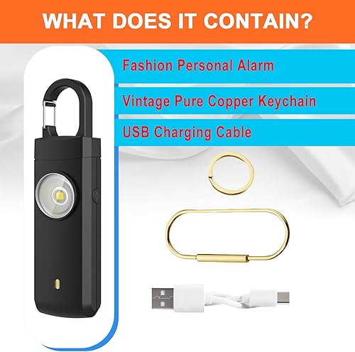Miniatura 8 de Alarma recargable USB de autodefensa, sirena fuerte de 130 dB con luz estroboscópica LED, diseño de llavero para un transporte más fácil, alarma