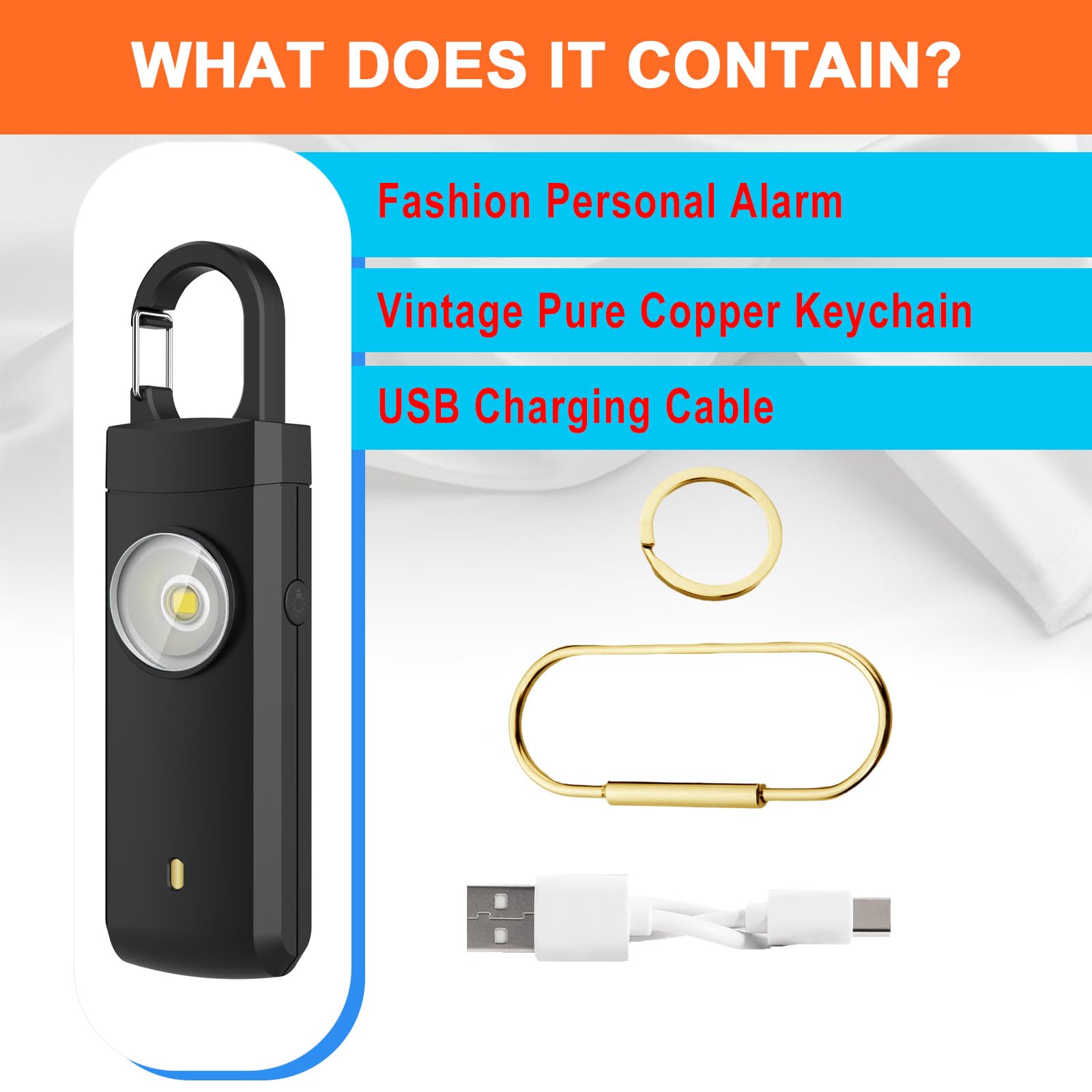 Lot de 4 alarmes de sécurité personnelles, sirène d'autodéfense rechargeable de 130 dB avec lumière stroboscopique LED, alarme porte-clés d'urgence USB-C pour femmes, enfants, personnes âgées, 4
