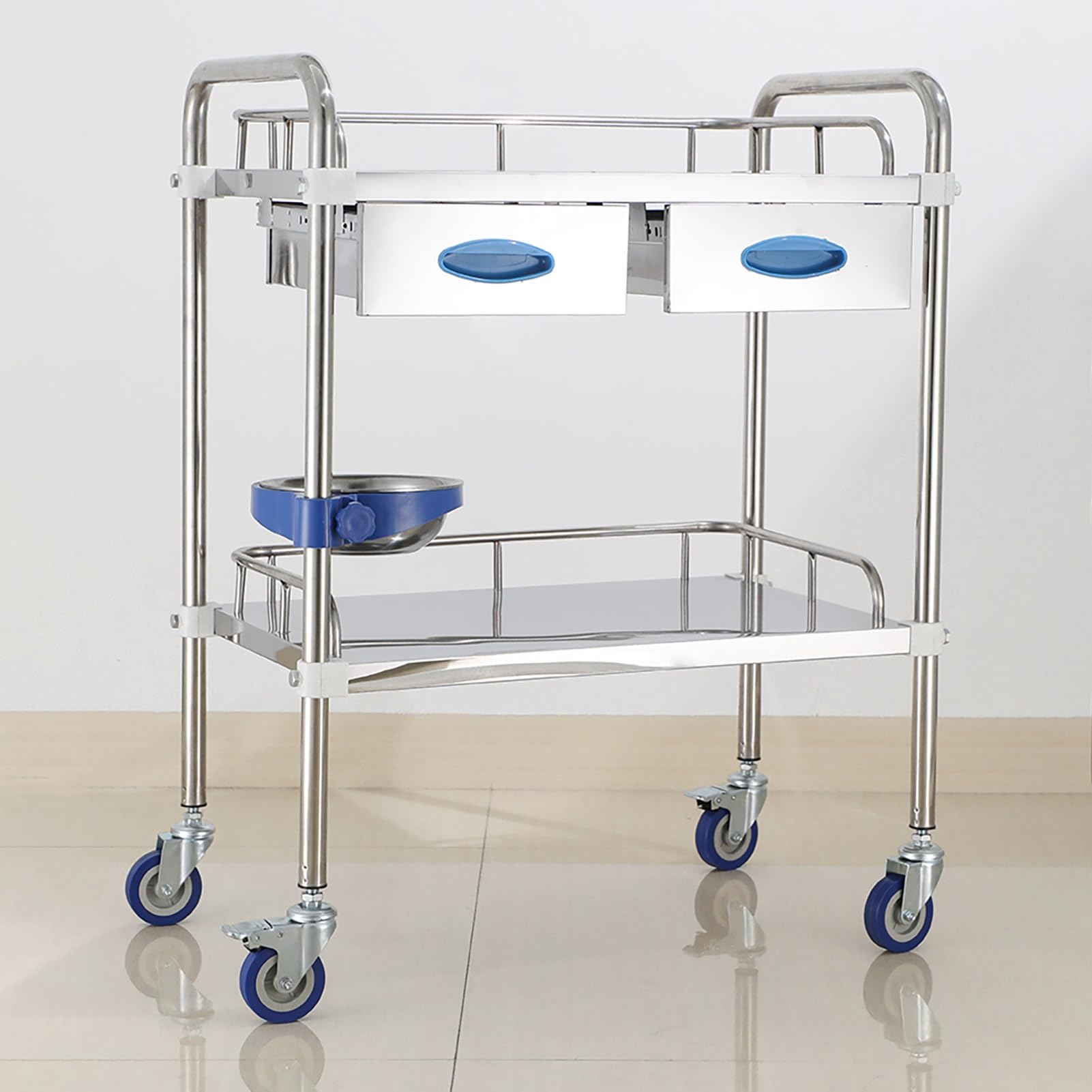 Medical Cart, 2-Layer Stainless Steel Cart with Two Drawers, Serving Trolley Equipment Utility Rolling Carts with 360° Silent Wheels, for Hospital, Laboratory (Size : 60 * 40 * 86cm/27 * 16 * 34 in)
