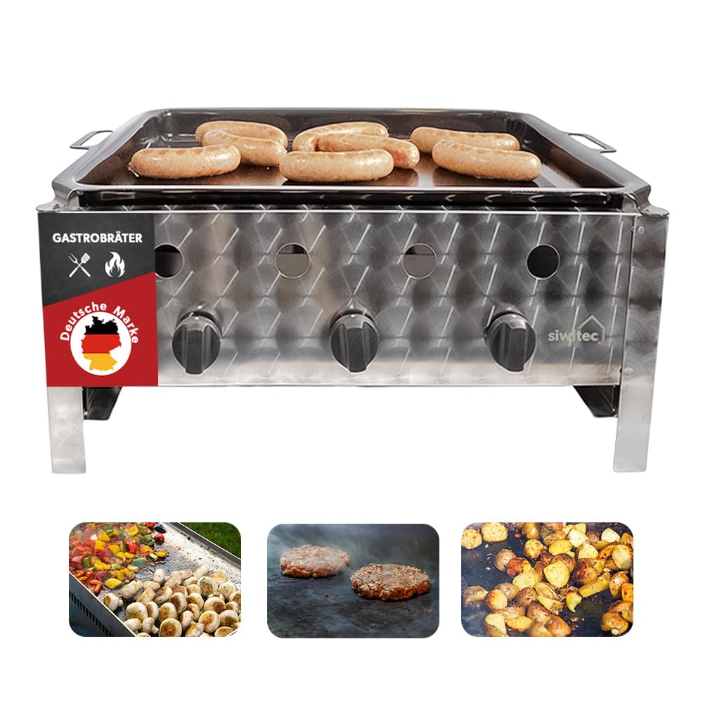 siwitec Gastrobräter, 3-flammig, Gastrogrill, Gasgrill, Wurstbräter aus Edelstahl – Profi Kombi-Bräter für Gastronomie, Imbiss & Catering, leistungsstarker Grill mobil, (B) 64 x (T) 52 x (H) 28 cm