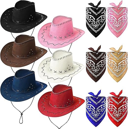 MALLOOM Ensemble de 6 chapeaux de cowboy et bandanas, chapeau de cowgirl en daim, chapeau de cowboy...
