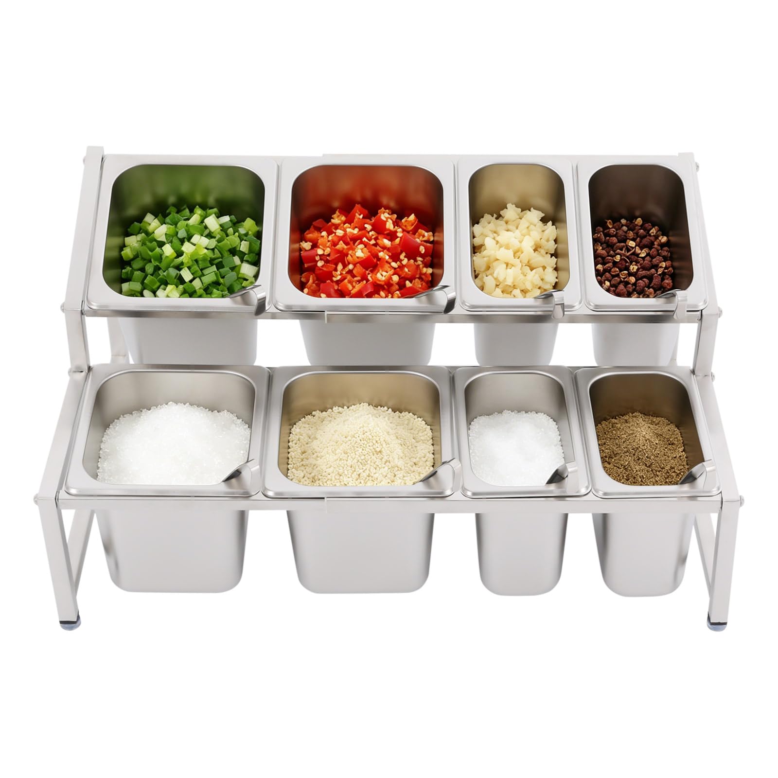 Futchoy Estantería para especias de acero inoxidable, extensible, 35-60 cm, 8 recipientes de 2 niveles, acero inoxidable 201 y 304, extensible 35-60 cm, 8 recipientes 1/6 y 1/9, capacidad de carga de