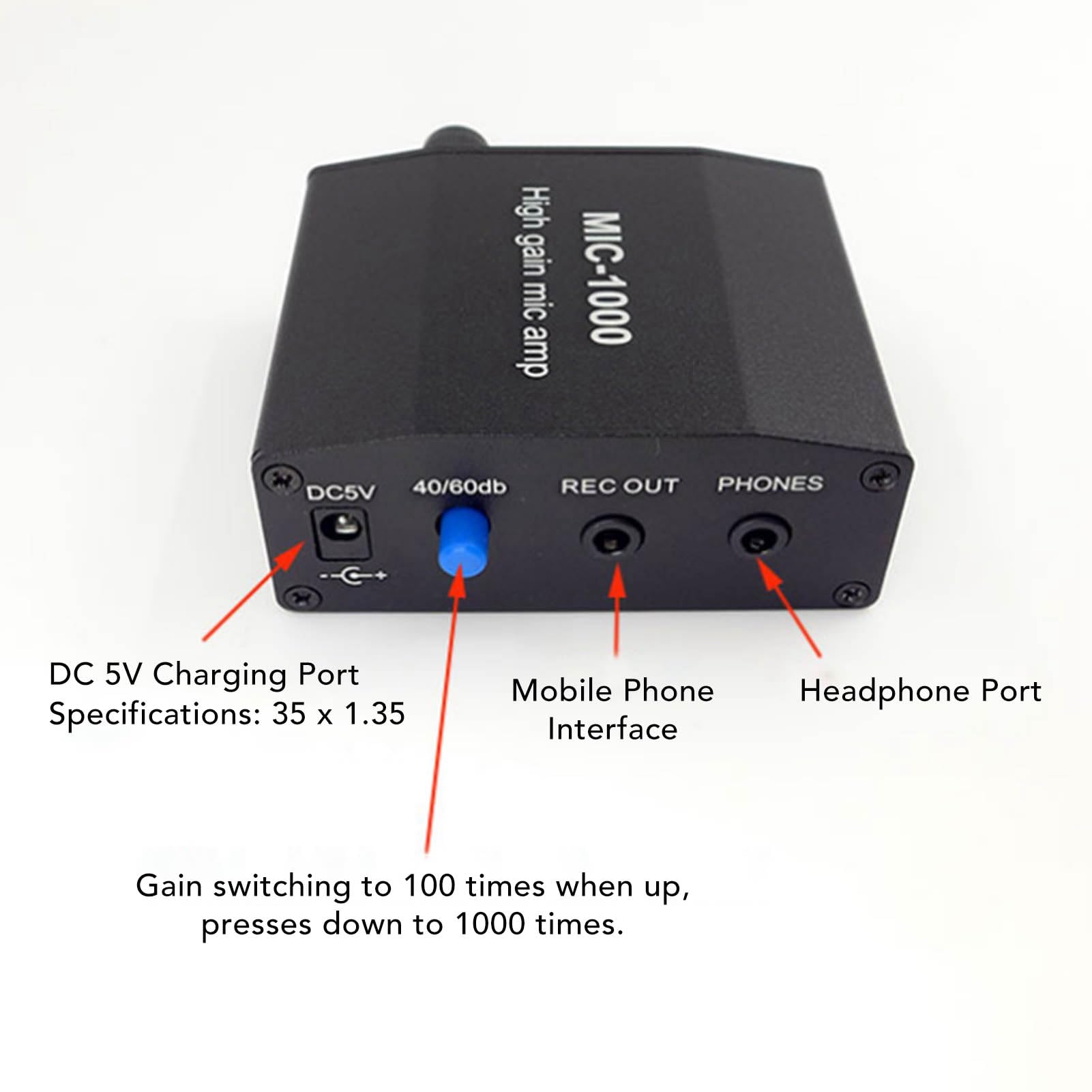 Amplificateur de Microphone, Ampli Audio Micro Haute sensibilité en Alliage D'aluminium, Contrôle de Niveau Automatique ALC D'amplification Portable 1000 Fois pour écouteurs,