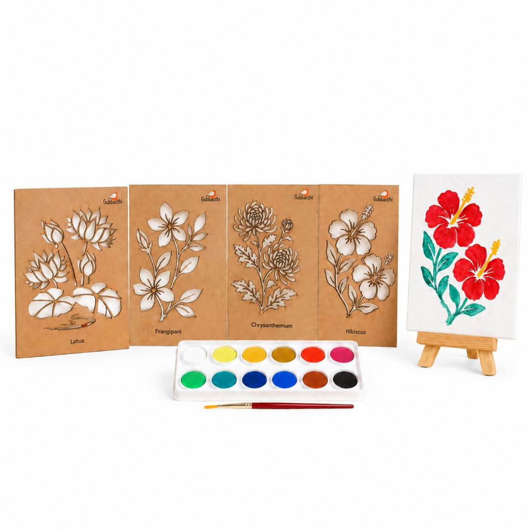 Flower Stencil Art & Craft Kit for Kids | Hibiscus, Lotus, Champa & Sevanthi MDF Stencils with Paints, Canvas Board & Easel | Creative Art & Craft Kit | Age 5–10 Years-image-9