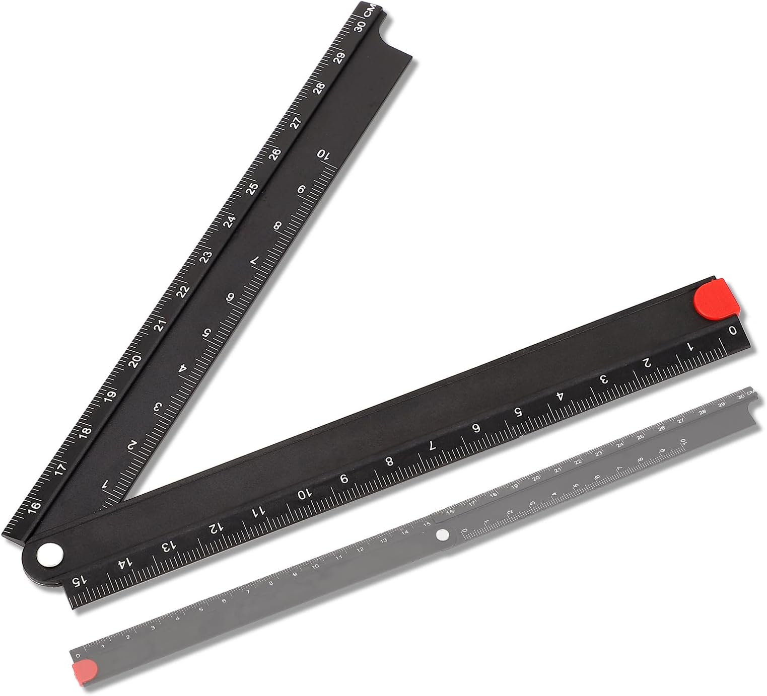 30cm Folding Ruler, 90° Foldable Metal Aluminum Ruler 0-300mm Length Fold Straight Angle Measure Stationery Ruler Black for Machine-Made Glass Making