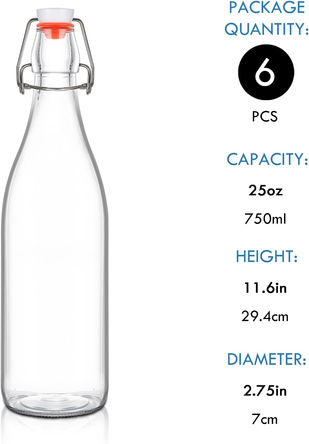 6 Pack 25oz Swing Top Glass Bottles, Flip Top Glass Bottles with Airtight Lids for Home Brewing,2nd Fermentation,Kombucha,Kefir,Vanilla Extract,Juice,Tea,Beverages,Soda,Oil,Limoncello,Beer,Coquito