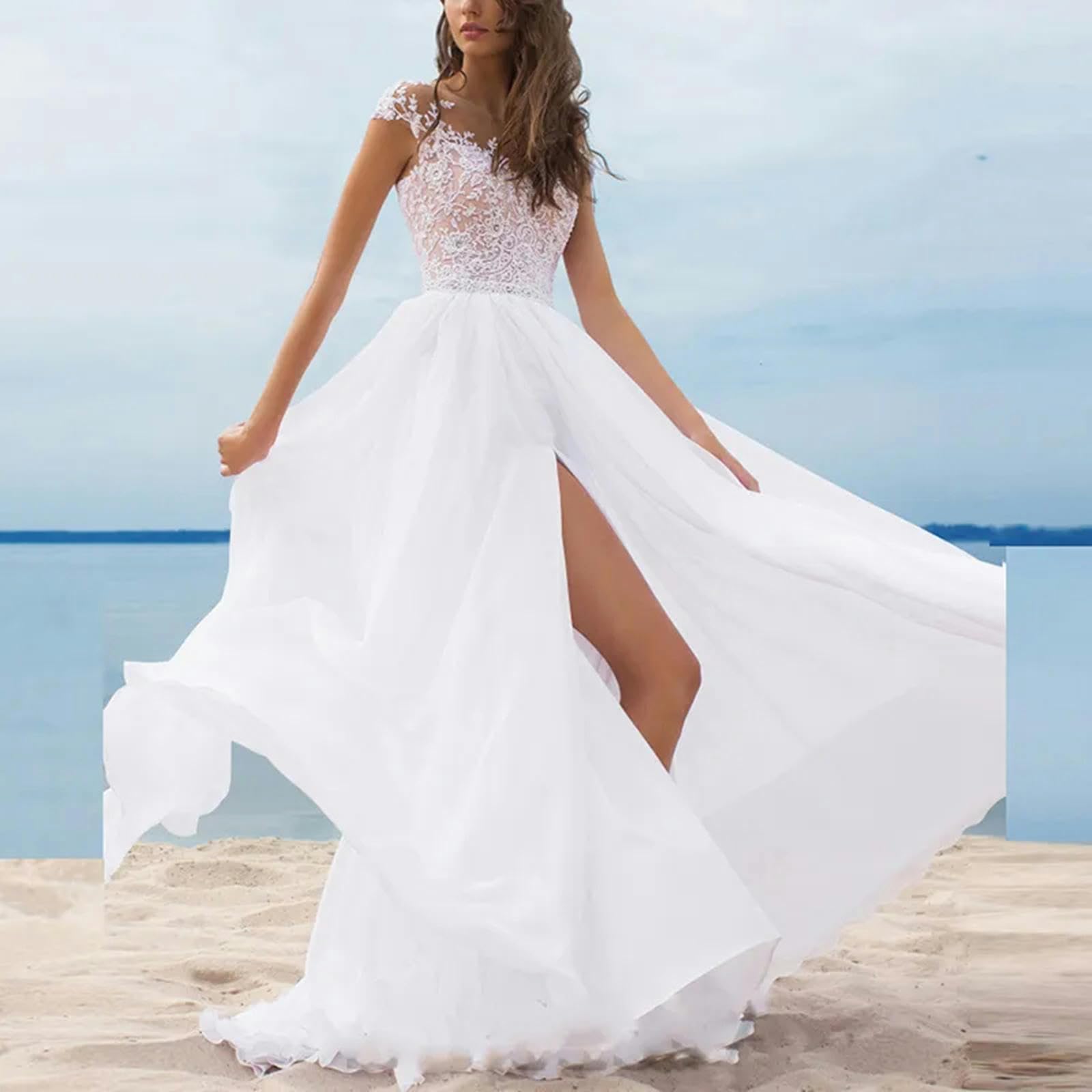 TEidea Vestito Donna Elegante Abito in Pizzo Senza Schienale Abito da Festa: Abito da Sposa Bianco con Maniche Corte E Back-Up