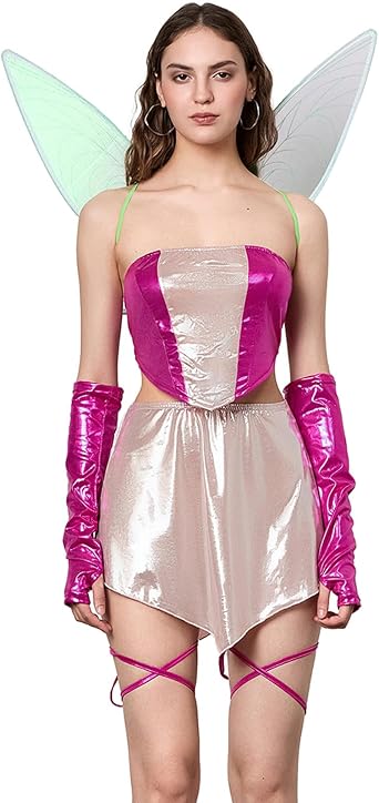 Women Halloween Fairy Costume Butterfly Wings Cosplay Rave Outfits Tube Tops Mini Skirt Arm Sleeves Leg Ties Set