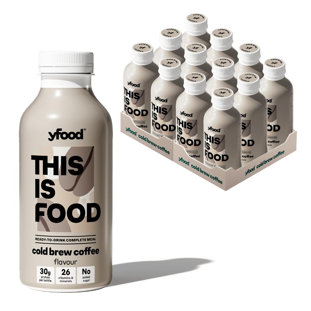 yfood Cold Brew Coffee, repas prêt à boire, THIS IS FOOD, substitut de repas, 34 g de protéines, 26 vitamines et minéraux (12 x 500 ml), goût café avec caféine