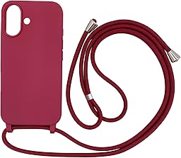 Funda Compatible con iPhone 16(6.1"),Ajustable Collar Correa de Cuello Cordón Cuerda Carcasa TPU Bumper Silicona Skin Caso para iPhone 16(6.1")-Rojo