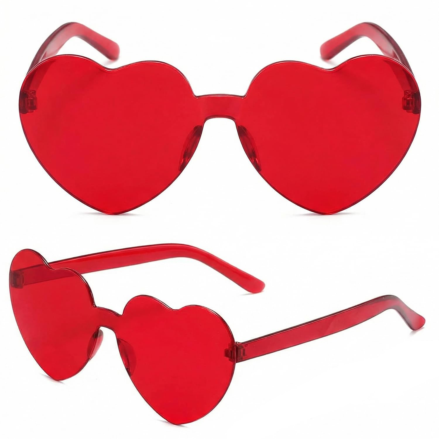 KIMHOME 2Pcs Rimless Heart Glasses, Transparent Candy-Coloured Hippie Party Sunglasses for Valentine's Day, Carnival, Halloween, Wedding & Birthday Celebrations(Red)