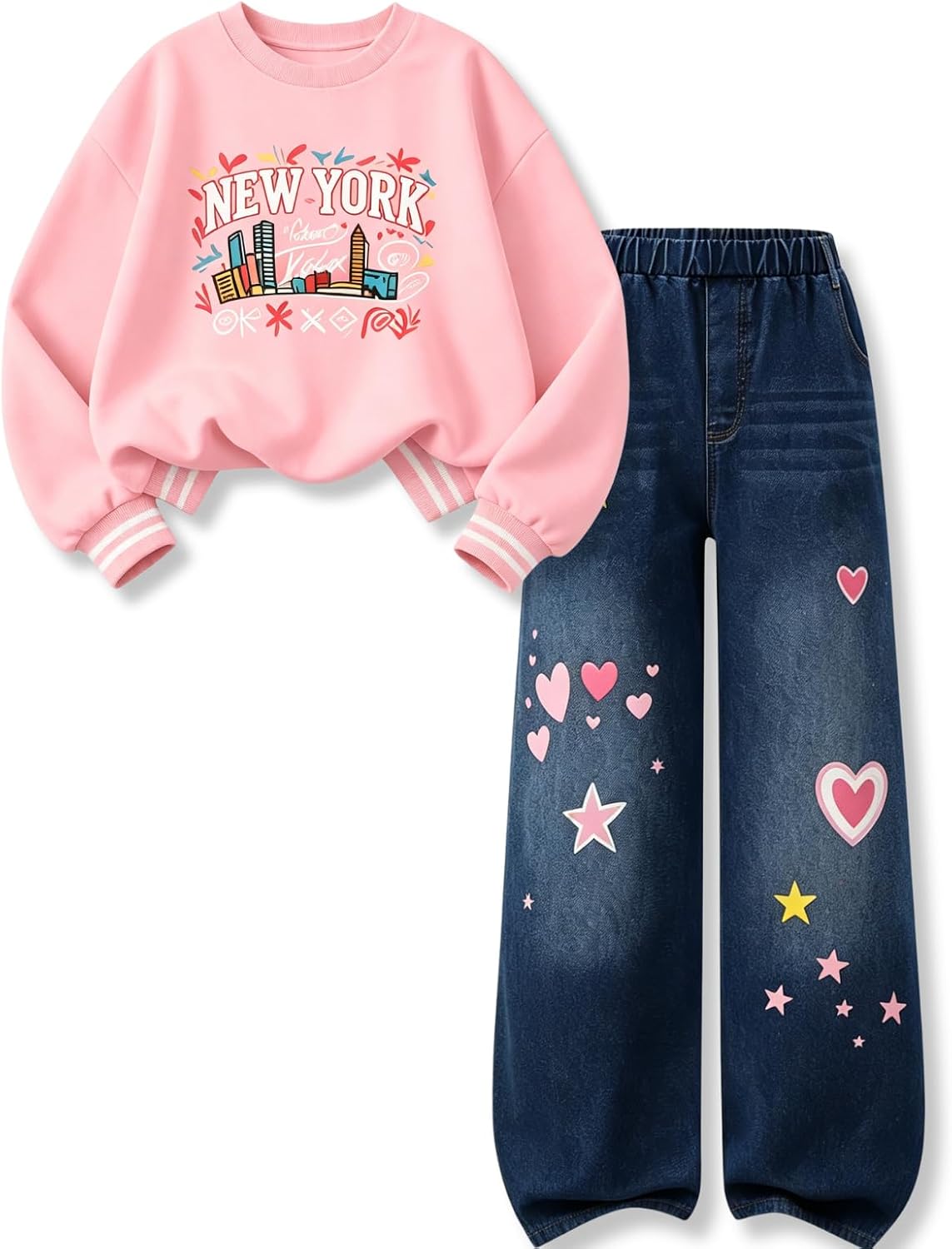 Size 7-14Y Girls 2 Piece Outfit Cropped Sweatshirt Wide Leg Jeans Pants Set