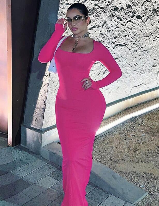 Vestito Donna Maniche Lunghe Aderente Abito Lungo con Scollo Quadrato Sexy Tinta Unita Bodycon Maxi Vestito Elasticizzato Abito da Cocktai per Feste e Cerimonie Discoteca