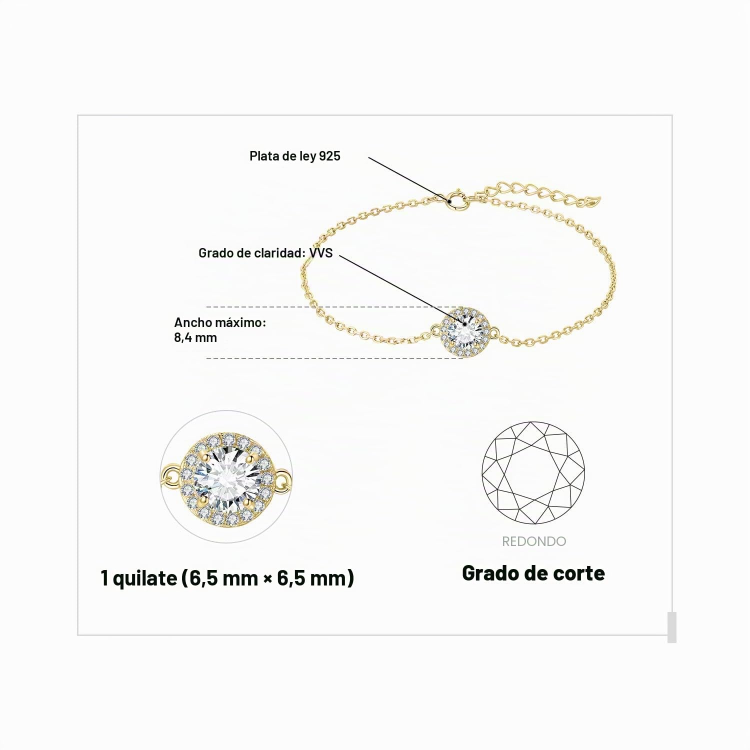 JewelryPalace Halo Ajustable Pulsera Mujer Plata Oro 14k Oro Rosa, Pulsera Niña Moissanita Corte Redonda, Brazalete Mujer Elegante Plata de Ley 925, Regalo Pulsera Piedras Conjunto Joyas Mujer