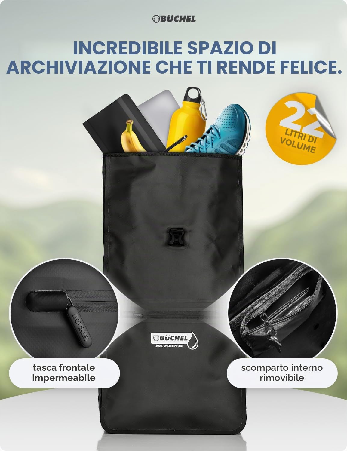 Büchel 3in1 Borsa da bici per portapacchi, utilizzabile come zaino, borsa a tracolla o borsa da portapacchi | Borsa da bici impermeabile e riflettente | capacità di 22 L