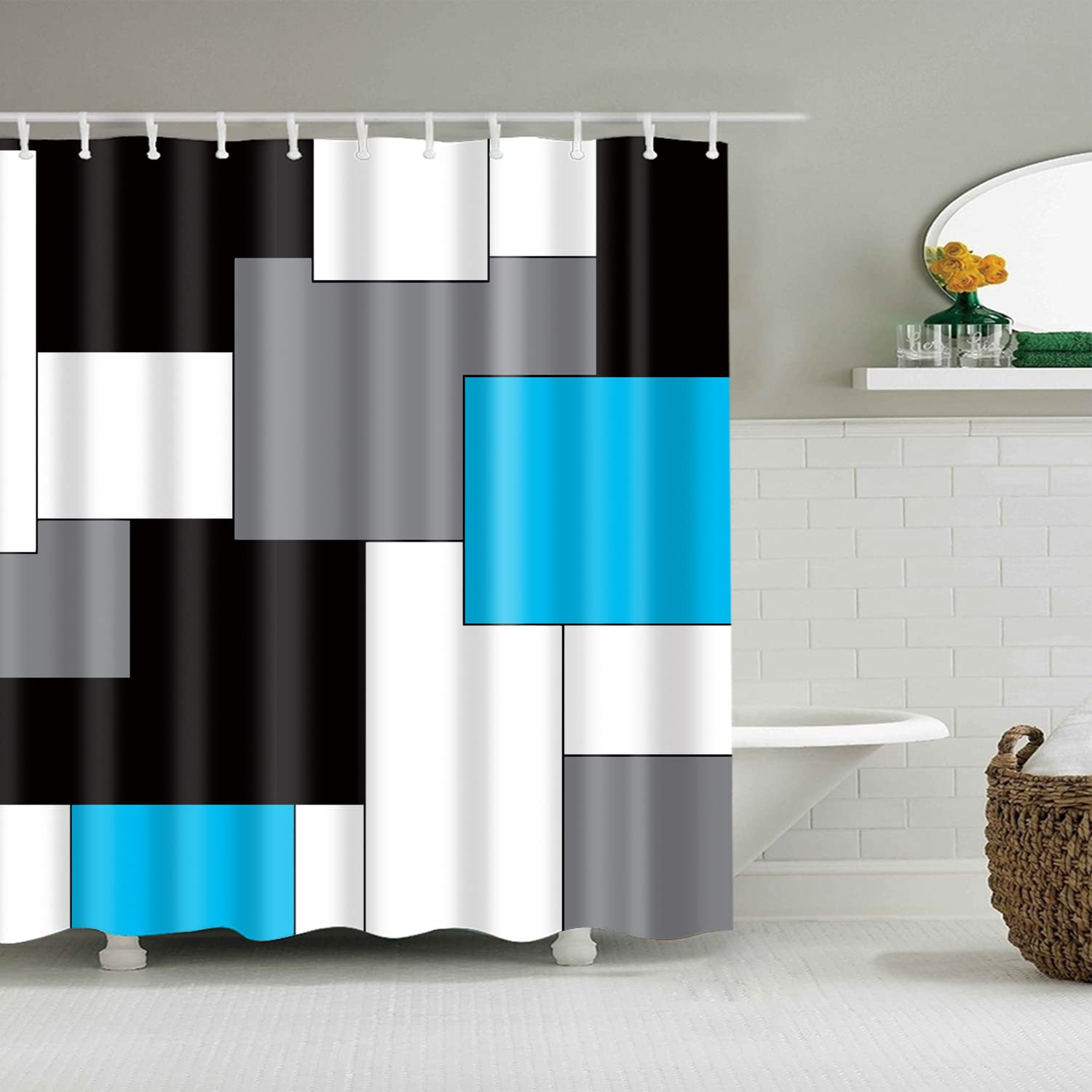 BOYOUTH Black,Grey,Sky Blue,White Geometry Pattern Digital Print Shower Curtain for Bathroom Decor,Polyester Waterproof Fabric Bath Curtain with 11 Hooks,65x70 Inches,Multicolor