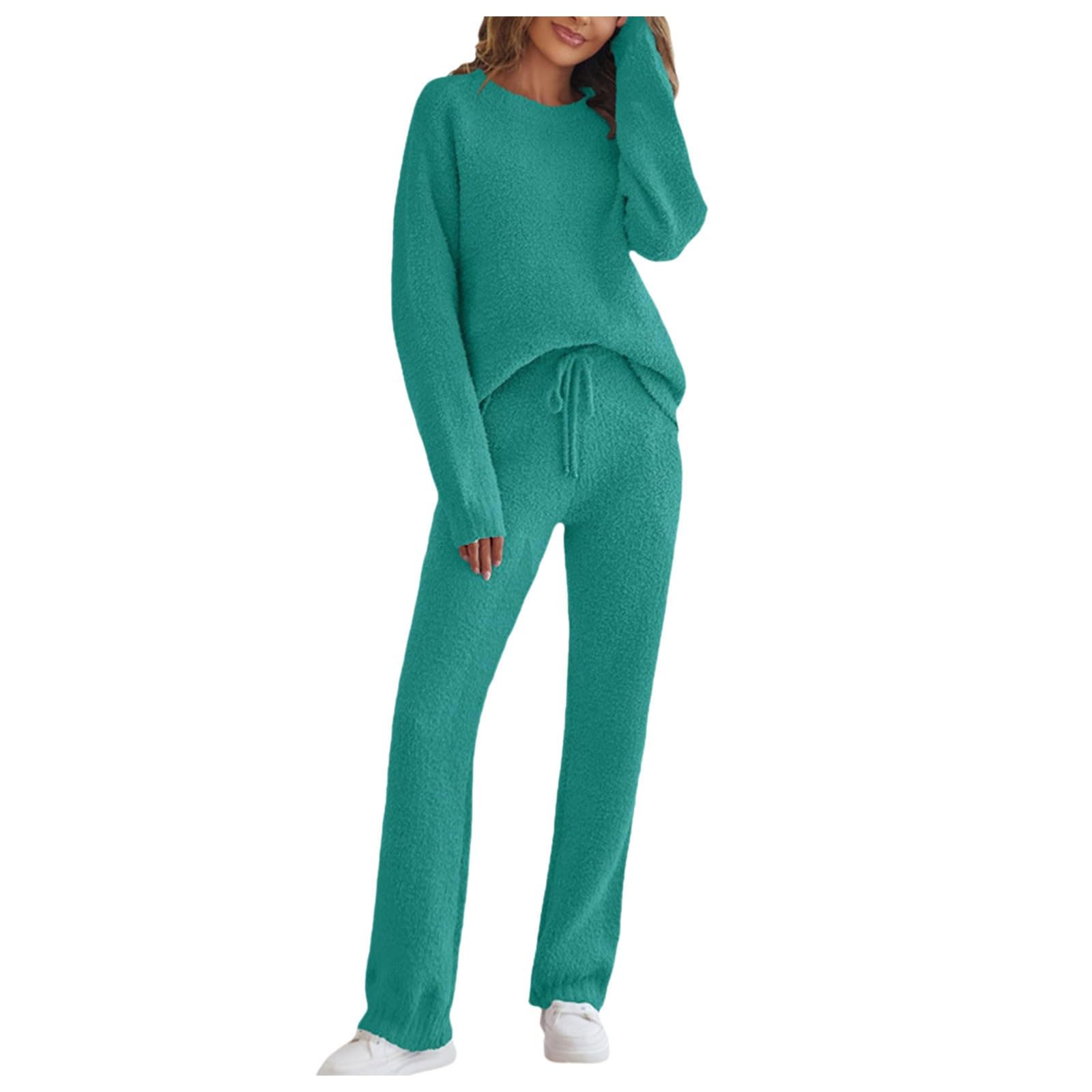 Pigiama lungo da donna, morbido e caldo, set di biancheria da notte in pile, 2 pezzi, maglioni e pantaloni di peluche con coulisse, tinta unita, per il tempo libero, comodo locker
