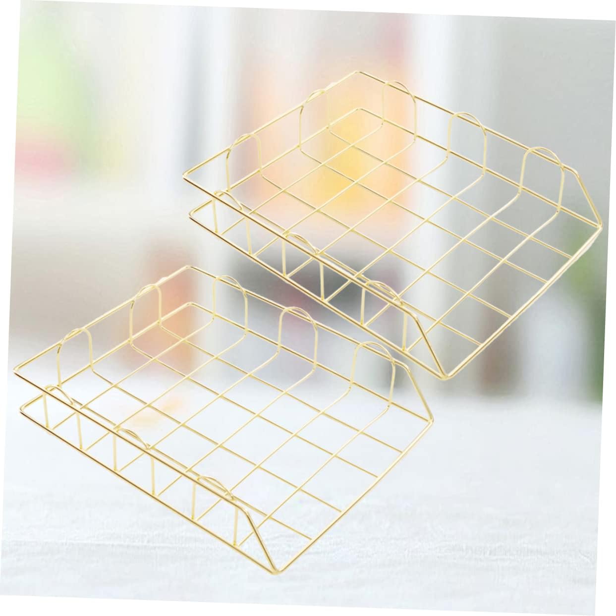 2pcs Metal File Storage Basket Stackable Document Rack for Office Supplies Gold