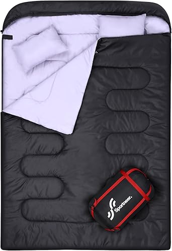 Sportneer Saco de dormir doble 2 en 1  Saco de dormir tamaño Queen para adultos con 2 almohadas en clima cálido y frío, saco de dormir portátil