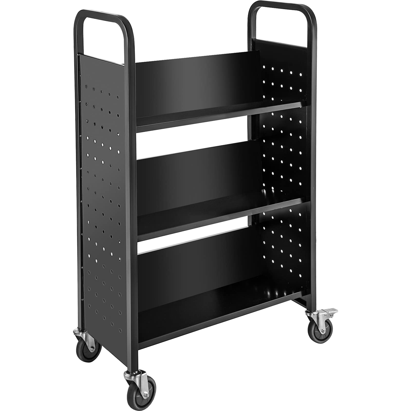 VEVOR Carrello per libri, 90,7 kg, 76 x 35 x 114 cm, ripiani inclinati a forma di V su un lato con ruote bloccabili da 10 cm, per mensole domestiche, ufficio e scuola, camion dei libri in nero