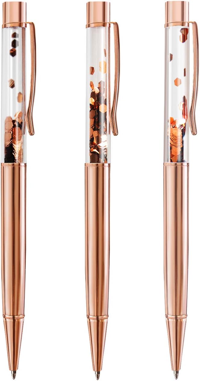 ZZTX 3 Pcs Rose Gold Ballpoint Pens Metal Pen Bling Sequin Pen With Refills Black Ink Office Supplies Gift Pens