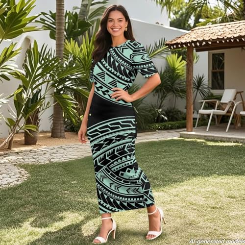 Image of Polynesian Dress for Women Short Sleeve High Waist Maxi Skirt | Puletasi dress, t-shirt and skirt two-piece, elastic material, lightweight, soft, plus size, luau party, wedding, clubwear