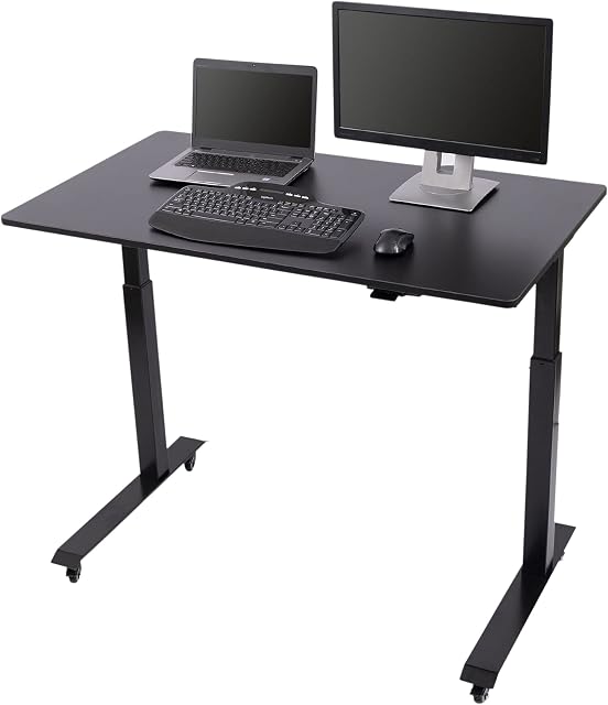 Stand Up Desk Store Electric Adjustable Height Standing Desk with Locking Casters and Furniture Feet (Black Frame/Black Top, 48" Wide)