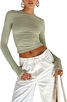 Vista 19 de Blusa corta básica casual para mujer, ajustada, manga larga, cuello redondo, color sólido, para otoño, camiseta ajustada Gris claro