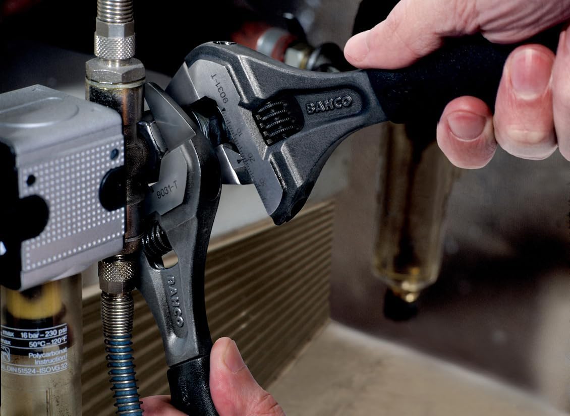 Bahco BAH9029RTUS Ergo Big-Mouth Adjustable Wrench Thin Jaw Wide Mouth with Rubber Handle - 6 Inch - Black Phosphate Finish