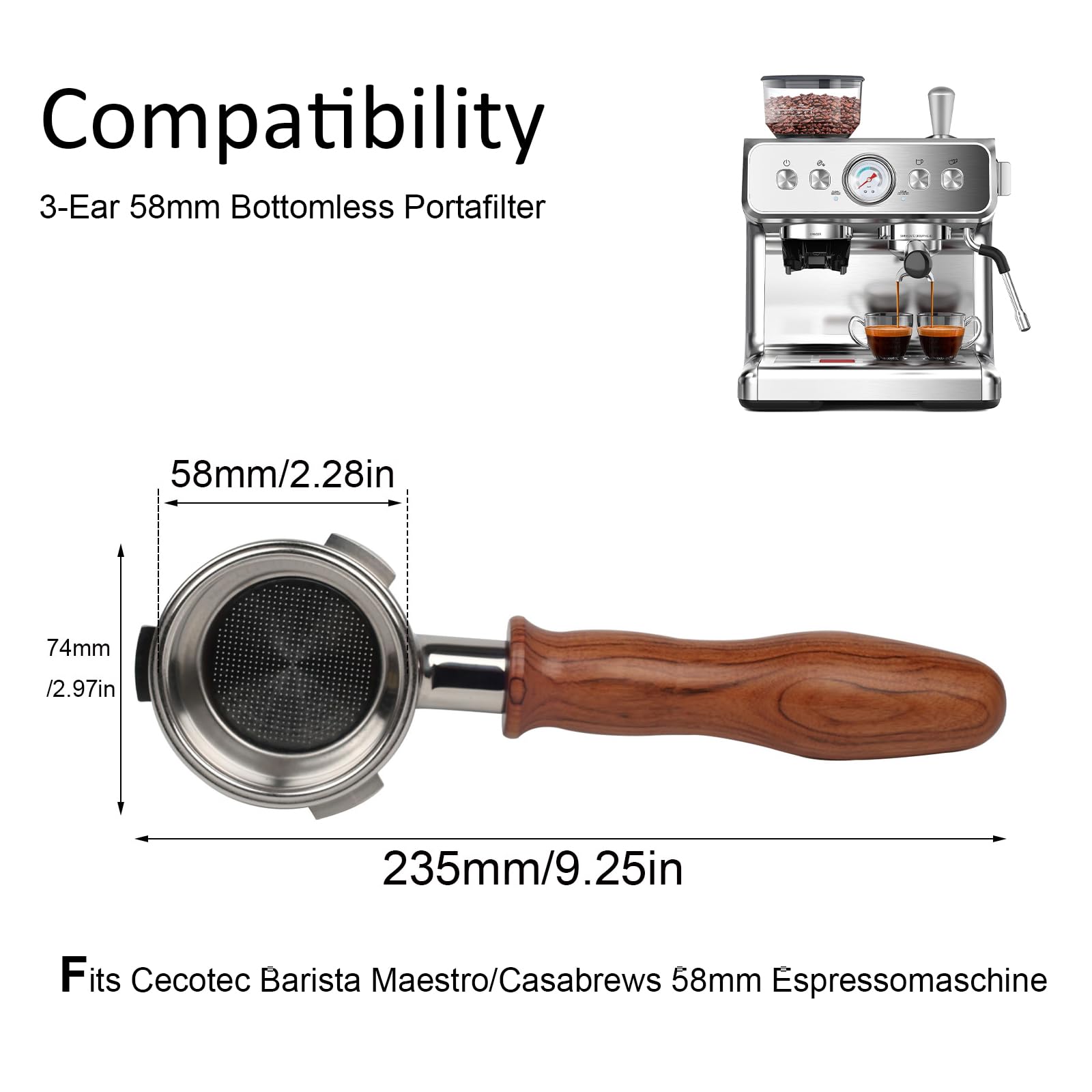 Portafiltro sin fondo de 58 mm, 3 orejas para cafetera espresso Cecotec Barista Maestro/Casabrews Ultra de 58 mm, con tres orejas de 4,9 mm de grosor