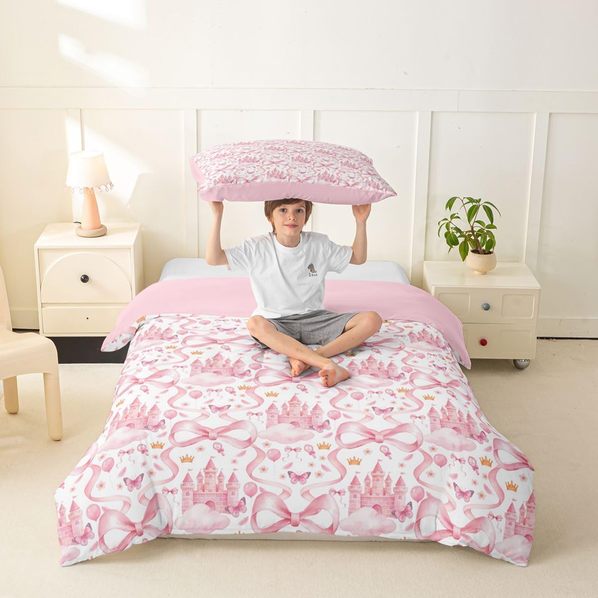 Feelyou Castle Duvet Cover Toddler Size Cute Bowknot Bedding Set Breathable Soft Dreamy House Comforter Cover 2Pcs Princess Castle Bedroom Decor Pink Fairy Tales