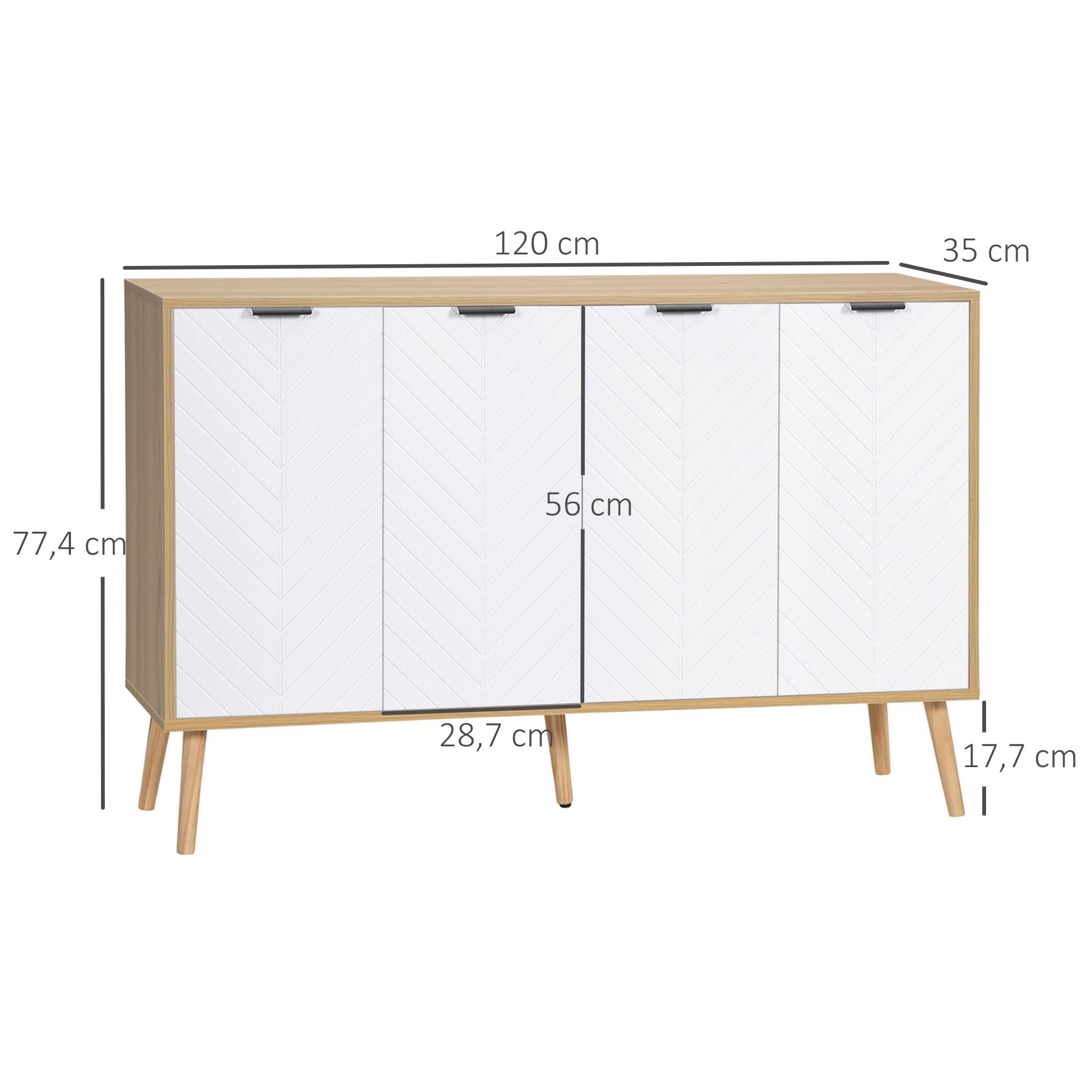 HOMCOM Aparador de 4 Puertas, Aparador de Salón con Estantes Ajustables, Patas de Madera, Puertas con Patrón de Espiga, para Cocina, Entrada, Dormitorio, Blanco y Natural, 120x35x77,4 cm