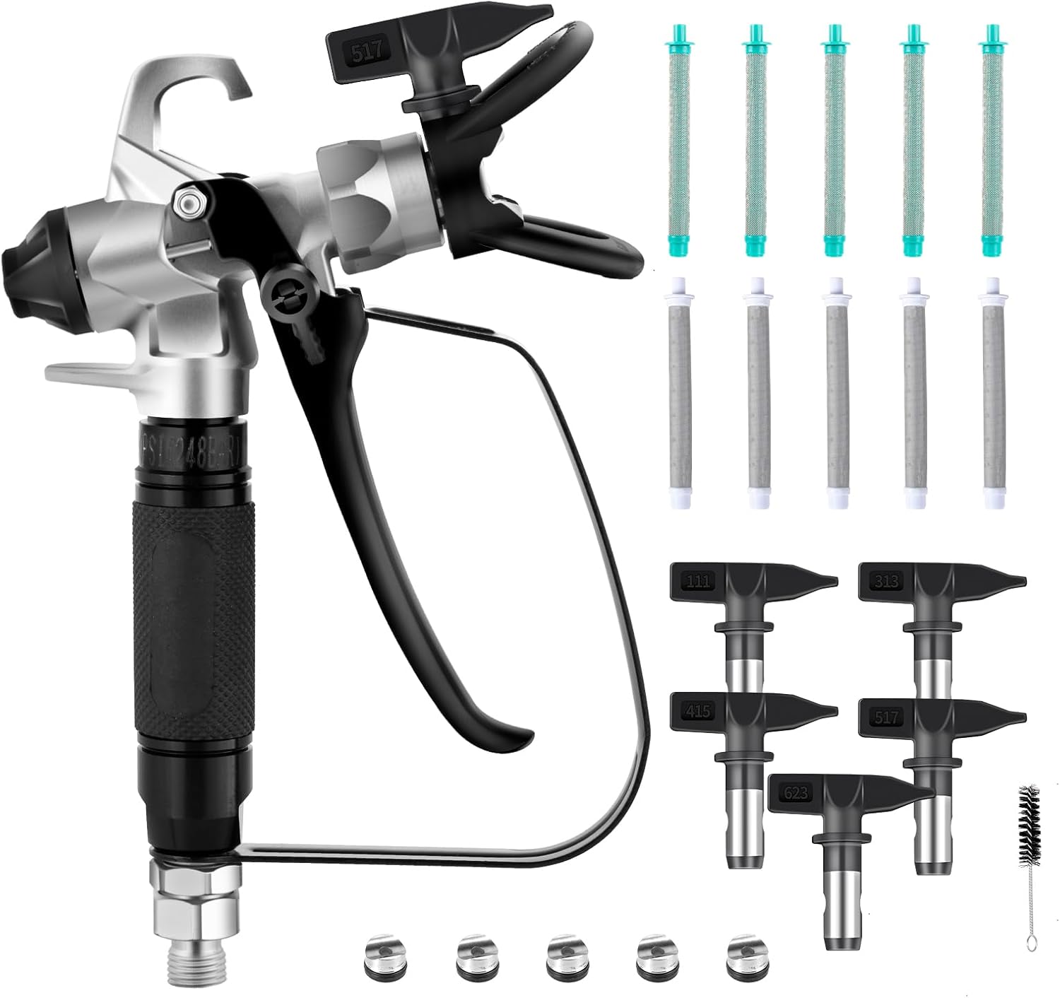 16 Pcs Airless Paint Sprayer Gun with Nozzle Guard,5 Spray Tips,10 Filters，3300PSI High Pressure Swivel Joint for House Interior and Exterior,Garden,Fences（211,313,415,517,623）