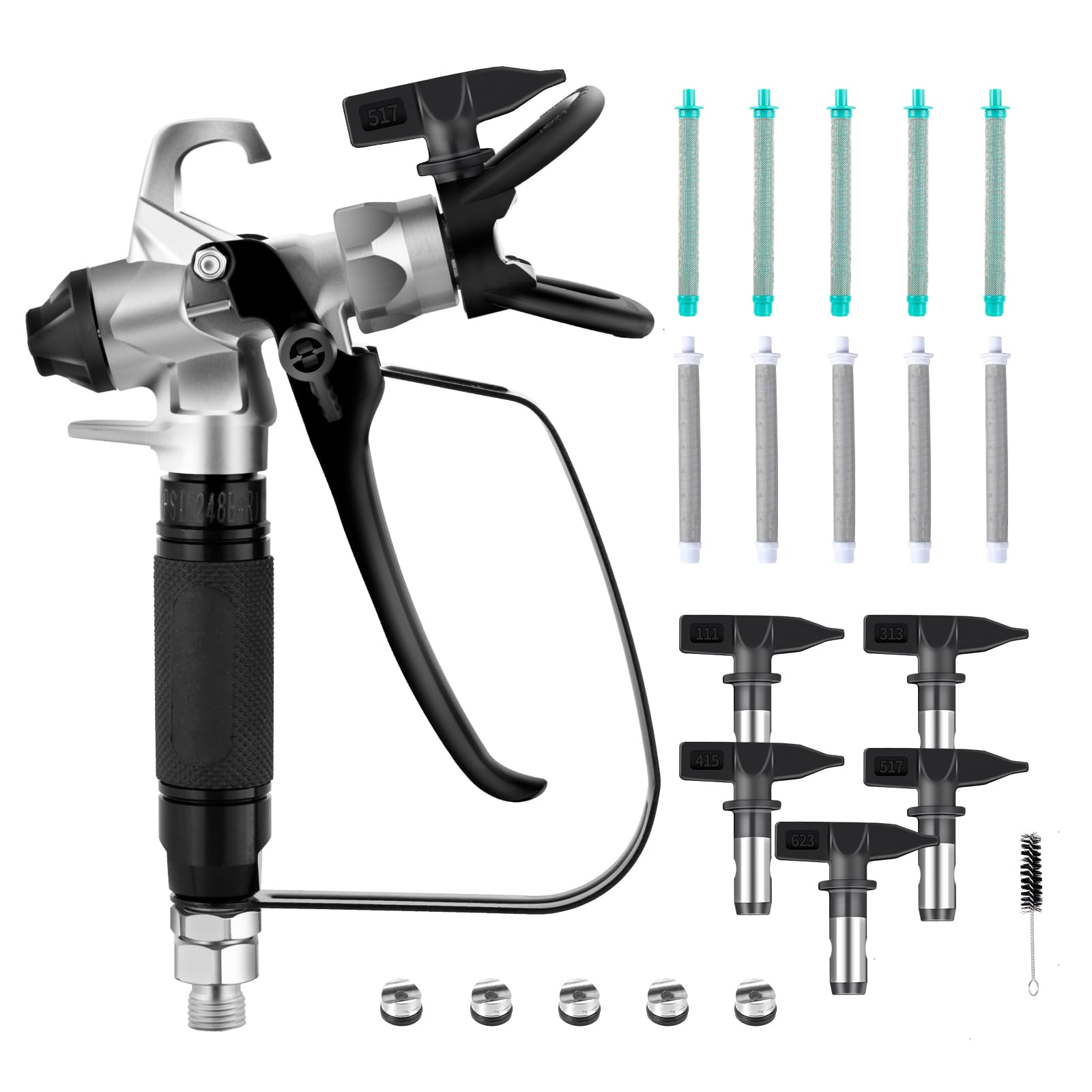 16 Pcs Airless Paint Sprayer Gun with Nozzle Guard,5 Spray Tips,10 Filters，3300PSI High Pressure Swivel Joint for House Interior and Exterior,Garden,Fences（211,313,415,517,623）