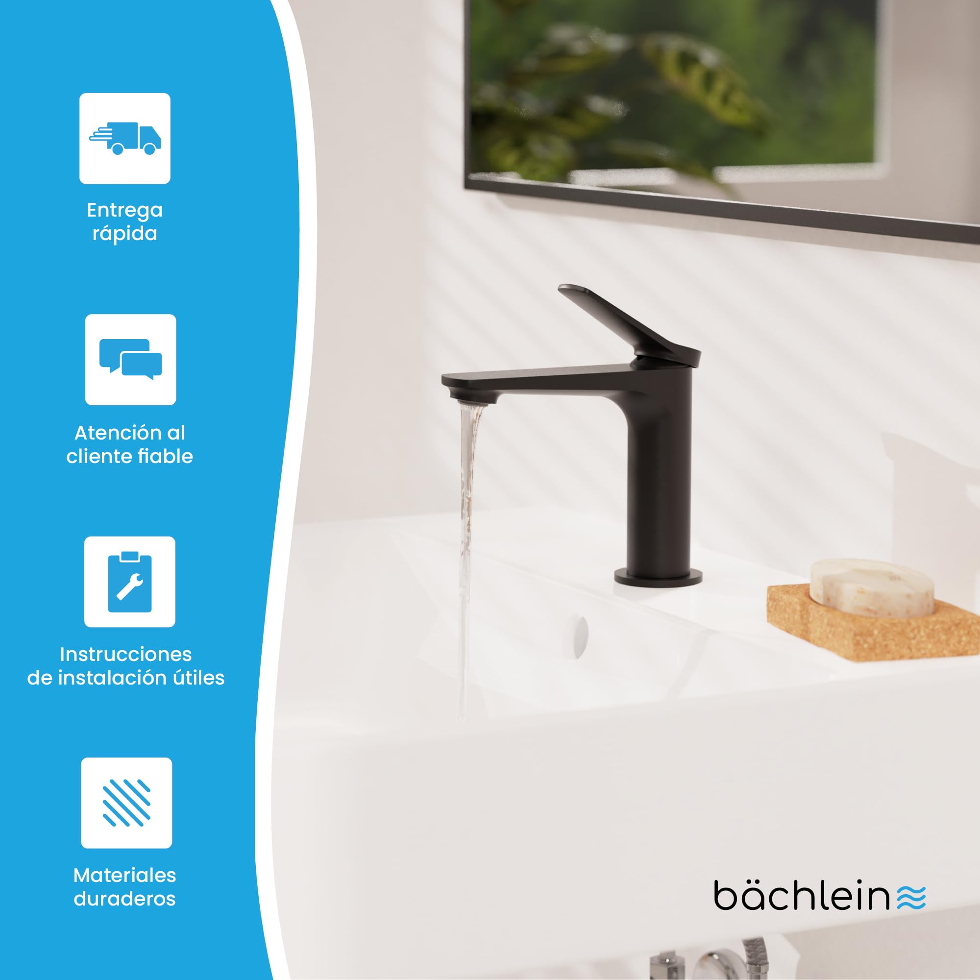 Bächlein Grifo de baño Aldeya en diseño moderno, monomando con cartucho de cerámica duradero y kit de montaje, grifo de baño negro mate
