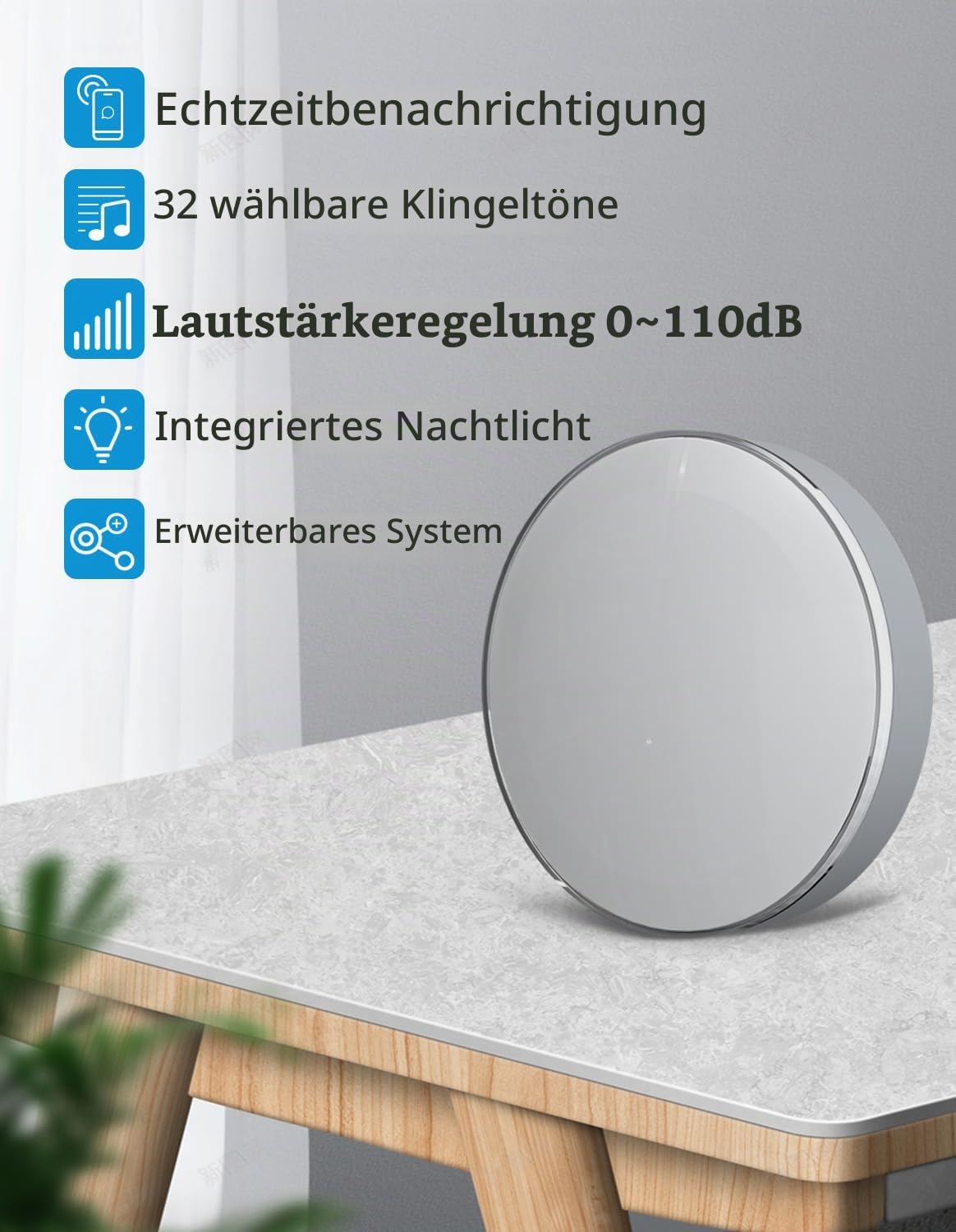 WLAN Klingelerweiterung smarter Funkgong mit Nachtlicht App Steuerung (iOS & Android), Alexa kompatibel, 32 Melodien, Klingel Weiterleitung