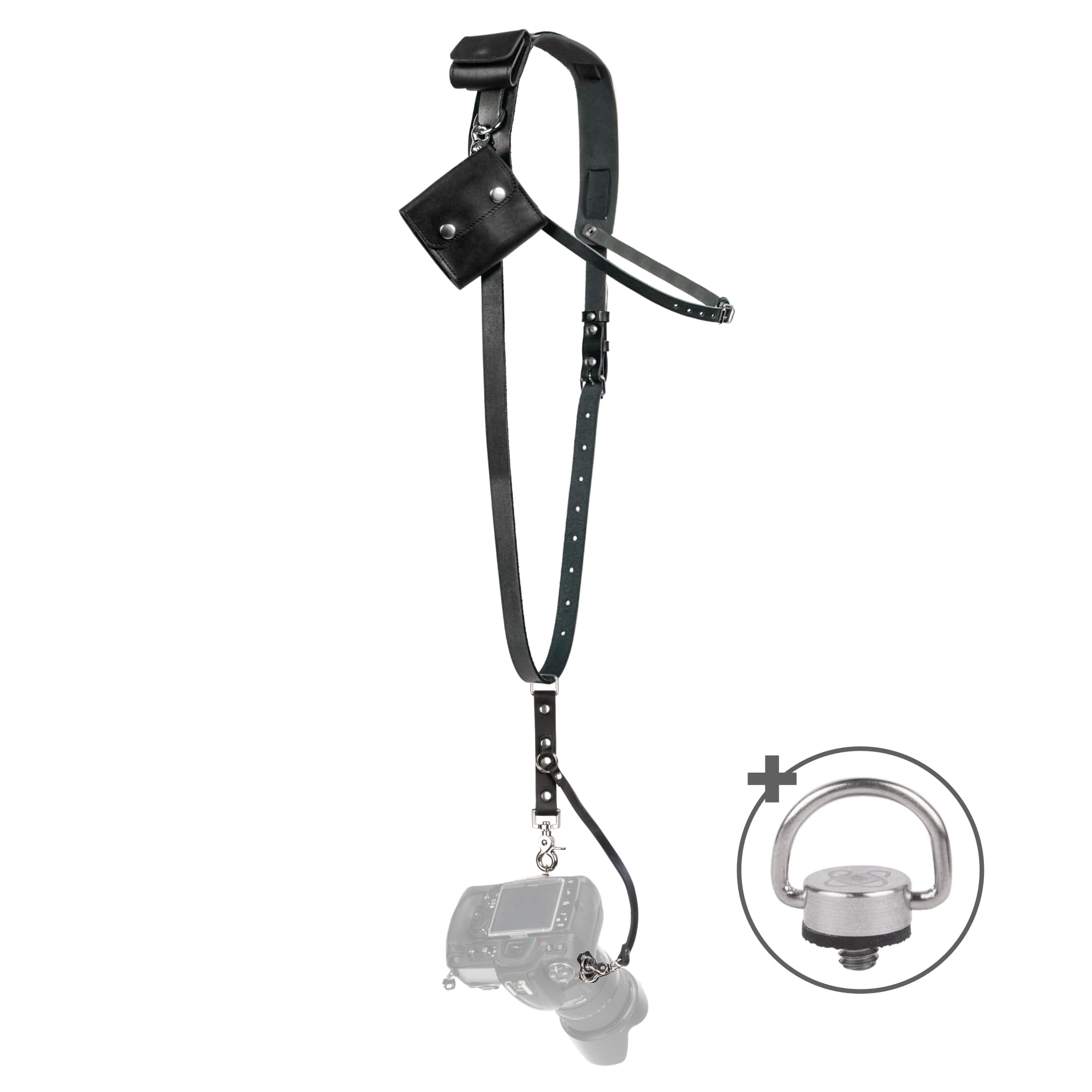 Leather Camera Strap for One Camera - Professional Single Leather Harness Shoulder Strap with Sd Card Holder & Battery Holder, Quick Release Gear for DSLR/SLR, Black