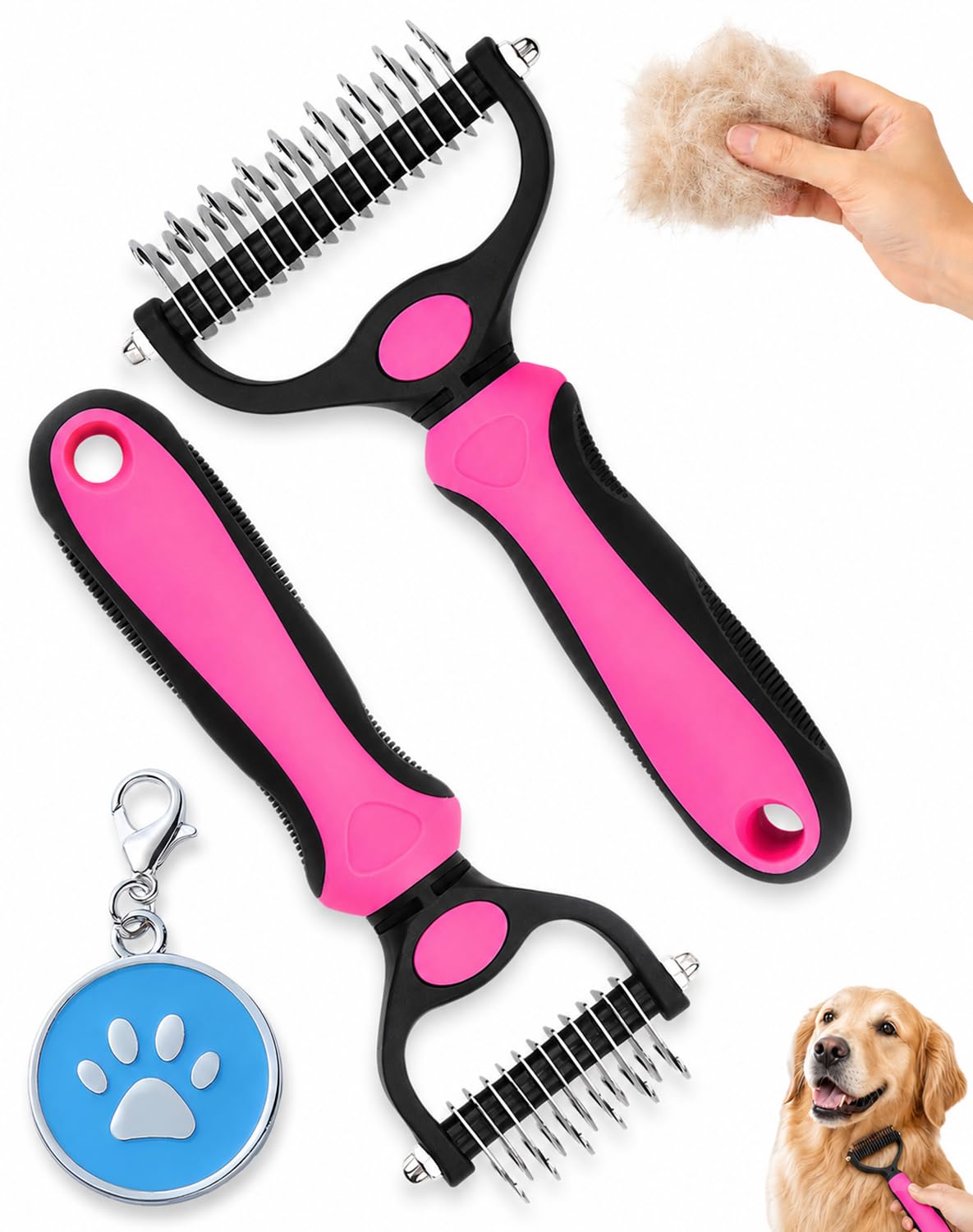 Pet Pro Grooming Tool, Pet Pro Grooming Tool for Dogs, 2-in-1 Undercoat Rake and Deshedding Brush for Dogs and Cats, Dematting Comb for Small Large Pets, Loose Hair, Tangles (2PCS Pink)