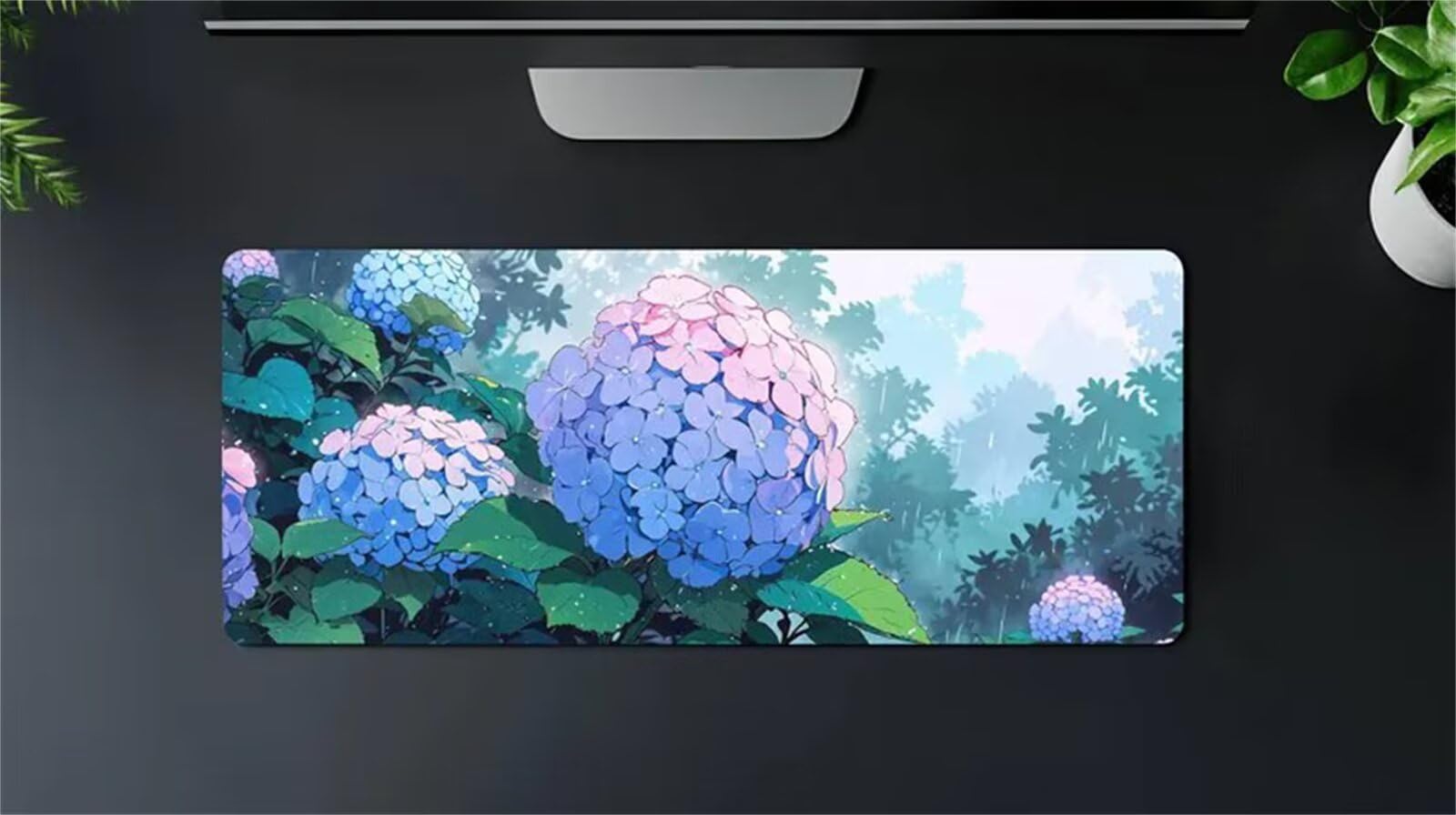 Alfombrilla Gaming XXL 1500x800mm, Alfombrilla Ratón Gaming con Base de Goma Antideslizante y Bordes Cosidos, Mouse Pad Duradera y Cómoda para Jugadores, PC y Portátil(Hortensia Gotas Lluvia)